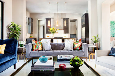 Huge transitional open concept and formal dark wood floor and brown floor living room photo in Austin with white walls, no tv, a standard fireplace and a tile fireplace