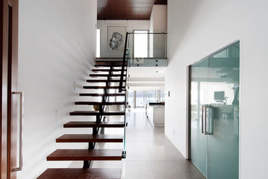 This is an example of a mid-sized contemporary wood straight staircase in Sydney with open risers and glass railing.