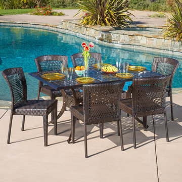 Contemporary Outdoor Patio Ft. 7pcs Cast Aluminum Wicker Dining Set