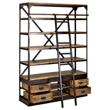 80x62" Rustic Industrial Mobile Library Bookcase with Ladder and Drawers