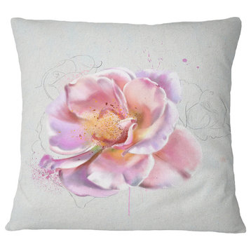 Cute Watercolor Pink Rose Sketch Flowers Throw Pillowwork, 18"x18"