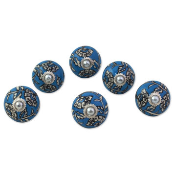 Charming Blue Flowers, Set of 6 Ceramic Cabinet Knobs, India