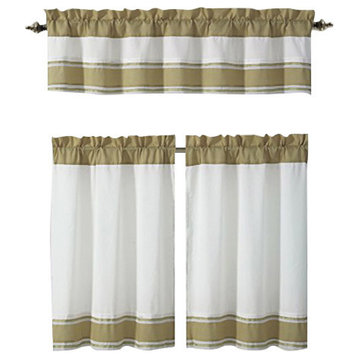 Tatianna Ivory White Brown Taupe Pintuck Striped Kitchen Curtain Set, 3 Piece