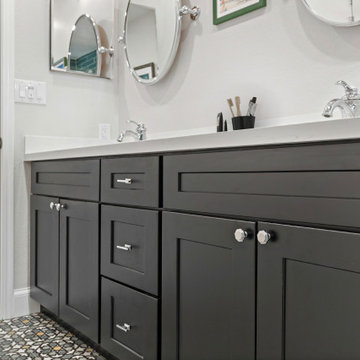 Anaheim Bathroom Upgrade with Sleek Dark Vanity and Quartz Countertops