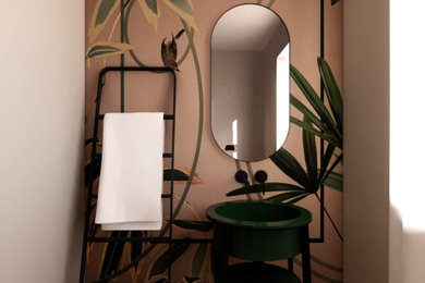 Foto di un piccolo bagno di servizio contemporaneo con ante verdi, mobile bagno freestanding e carta da parati