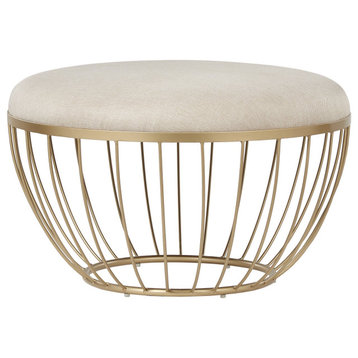 Unique Ottoman, Golden Finished Metal Frame With Comfortable Beige Linen Seat