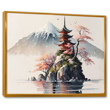 Japanese Landscape In Watercolor I Framed Canvas, 44x34, Gold