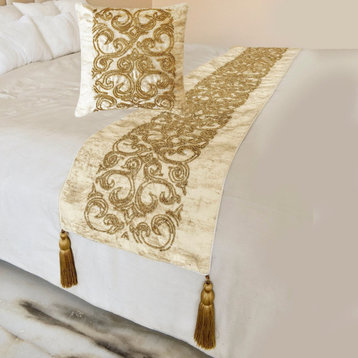 Designer Gold Jacquard CA King 86"x18" Bed Runner, Foil and Hand Ornamento Oro