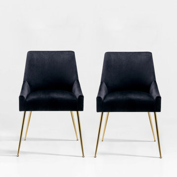 WestinTrends 2PC Velvet Upholstered Accent Chair Set w/ Gold Metal Legs, Black