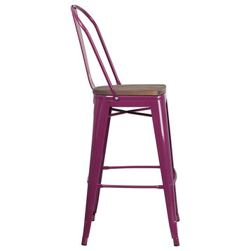 30" High Purple Metal Barstool With Back and Wood Seat