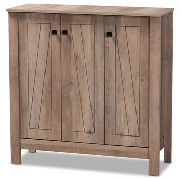 Modern and Contemporary Natural Oak Finished Wood 3-Door Shoe Cabinet