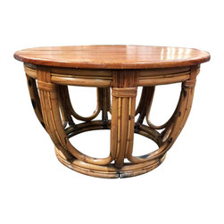 Restored Circular Rattan Coffee Table with Mahogany Top - Coffee Tables
