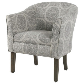 Traditional Accent Chair, Padded Seat With Grey Medallion Patterned Upholstery