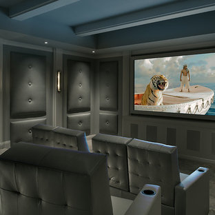 Design ideas for a large contemporary enclosed home cinema in Phoenix with grey walls, carpet and a built-in media unit.