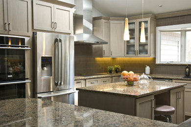 Eat-in kitchen - mid-sized transitional u-shaped porcelain tile eat-in kitchen idea in New York with a double-bowl sink, recessed-panel cabinets, light wood cabinets, granite countertops, glass tile backsplash, stainless steel appliances and an island