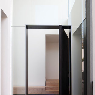 メルボルンの大きい回転式ドアコンテンポラリースタイルのおしゃれな玄関 (白い壁、スレートの床、黒いドア、緑の床) の写真