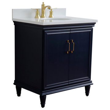 31" Single Vanity, Blue Finish With White Quartz And Oval Sink