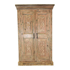 Mogul Interior - Consigned Antique Teak Wood Cabinet Floral Carving Rustic Chest Yoga Studio - Armoires and Wardrobes