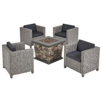 Christine Outdoor 4 Club Chair Set With Fire pit, Mix Black/Dark Gray/Stone