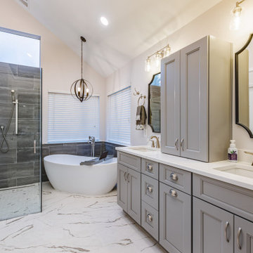 Sleek bathroom remodel in Centerville, VA with double vanity & walk-in shower
