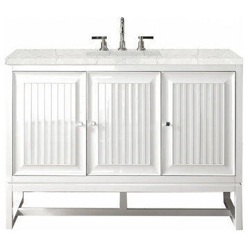 48 Inch Modern White Single Sink Bathroom Vanity Pearl Quartz, James Martin