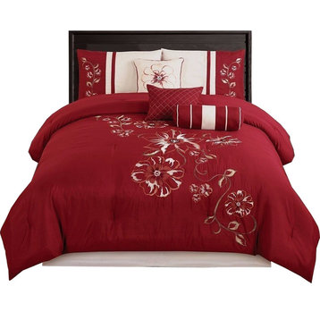 7-PieceEmbroidered Red Floral Hibiscus Comforter Set, King