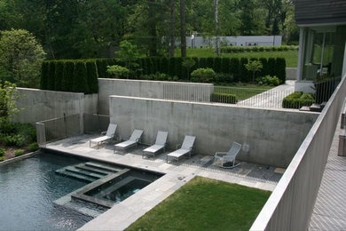 Photo of a large contemporary backyard rectangular pool in New York with natural stone pavers.