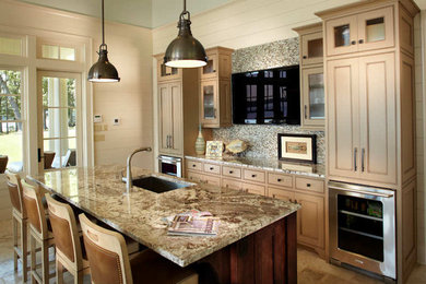 Inspiration for a timeless single-wall ceramic tile eat-in kitchen remodel in Charleston with an undermount sink, recessed-panel cabinets, beige cabinets, granite countertops, multicolored backsplash, matchstick tile backsplash and an island