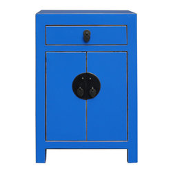 Oriental Bright Blue Lacquer Round Moon Face End Table Nightstand - Nightstands And Bedside Tables