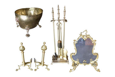 Art Nouveau Brass Fireplace Tool Set, Screen, Andiron, and Log Bucket Set