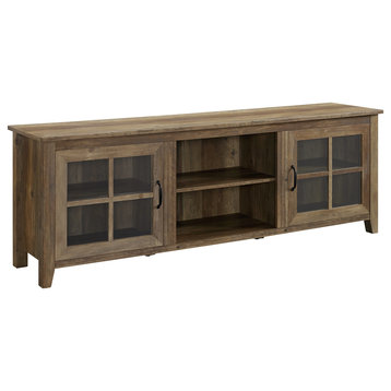 70" Farmhouse Wood TV Stand With Glass Doors, Rustic Oak