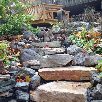 Scotch Plains, NJ. Platform Deck, Wooden Bridge, Cottage Stone Steps and Walls