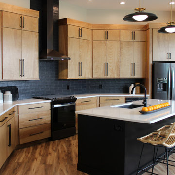 Angled Kitchen Design with Slab Style Cabinets in Pecan Stain