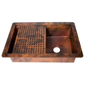 33" Drop-in One Bowl Hammered Copper Kitchen Sink w/ Removable Grill, 16 Gauge