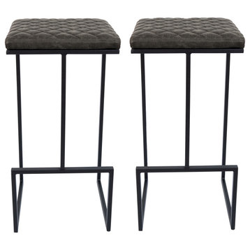 Quincy Quilted Stitched Leather Bar Stools, Metal Frame Set of 2, Gray