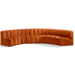 Meridian Furniture - Arc Velvet Upholstered 6-Pc. U-Shaped Modular Sectional, Cognac - Give your living room or den the perfect blend of style and versatility with this Arc velvet fabric curved modular Sectional. Part of the Arc modular furniture collection, this Sectional comes upholstered in rich cognac velvet fabric and features deep channel tufting that adds a touch of luxury while enhancing comfort and support. A seamless combination of form and function, this chair can be used with other Arc pieces to create a myriad of configurations in your well-curated room.
