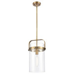 Innovations Lighting - Innovations Lighting 413-1S-BB-8CL Pilaster - 9.38" One Light Mini Pendant - Vintage Incandescent 60 Watt Tubular Dimmable Bulb Included  Includes 10 Feet of Wire  Includes 1-6 and 2-12 inch Stems. Additional Stems sold separately.  Solid Brass  Degree Hang Straight Swivel for Sloped Ceilings Included  Rated for 100 Watt Maximum  UL/CUL Damp Rated  In order to maintain the finish we recommend simply using water and a cheesecloth towel  Compatible with Incandescent, LED, Fluoresent and Halogen bulbs.   2 Year Finish/Lifetime Electrical Clear  2200  300  99.9  2000 Hours  Bruno Marashlian  No. of Rods: 3  Canopy Included: Yes  Shade Included: Yes  Sloped Ceiling Adaptable: Yes  Canopy Diameter: 4.5 x 0.75  Rod Length(s): 3.00Pilaster 9.38" One Light Mini Pendant Brushed Brass Clear Cylinder GlassUL: Suitable for damp locations, *Energy Star Qualified: n/a  *ADA Certified: n/a  *Number of Lights: Lamp: 1-*Wattage:60w A19 Medium Base bulb(s) *Bulb Included:No *Bulb Type:A19 Medium Base *Finish Type:Brushed Brass