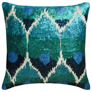 Blue Silk Sequins Embroidery, Ombre Peacock decor 20"x20" Pillow Cover, Mora