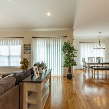 Living & Dining Room - Solar Shade, Sheer Drapery Panels & Valance
