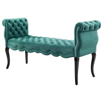 Mid Century Ottoman, Cabriole Legs With Button Tufted Velvet Seat, Teal
