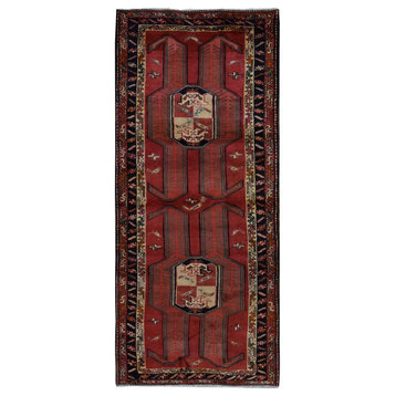Chili Red Vintage Bohemian Persian Pure Wool Hand Knotted Runner Rug 4'1" x 9'7"