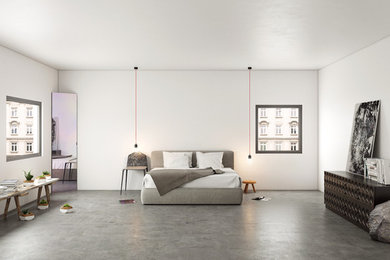 Example of a trendy concrete floor and gray floor bedroom design in Miami