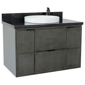37" Single Wall Mount Vanity, Linen Gray Finish With Black Galaxy Top