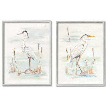Elegant Heron Birds Cattails Plants In Water Painting, 2pc, each 11 x 14