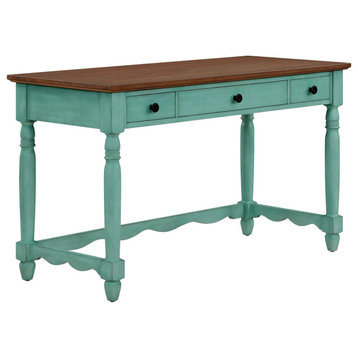 Classic Desk, Rubberwood Legs With Rectangular Top & Storage Drawers, Teal