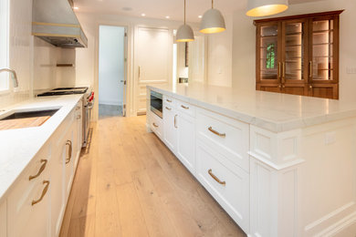Mid-sized elegant galley light wood floor and beige floor kitchen photo in Chicago with a single-bowl sink, beaded inset cabinets, white cabinets, marble countertops, white backsplash, marble backsplash, stainless steel appliances, an island and white countertops