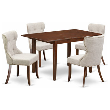 A Dining Set Of 4 Parson Chairs, 12" Butterfly Leaf Rectangle Table, Mahogany