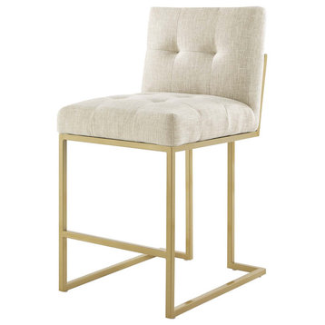 Counter Stool Chair, Fabric, Metal, Gold Beige, Bar Pub Cafe Bistro Restaurant