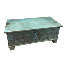 Mogulinterior - Consigned Vintage Trunk Blue Distressed Coffee Table, Bench Table Old Pitara - Coffee Tables