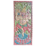 Mogul Interior - Consigned Vintage Ganesha Sliding Barn Door Carved India Wall Panel Art 84 - Vintage Ganesha Door, Colorful Carved Barn Door, Carved Door Panel, Wall Art , The beautiful Ganesha statement door has been hand carved in vintage reclaimed woods, with traditional Indian designs inspired from temples, Ganesha, the beloved Hindu deity with the head of an elephant, dancing gracefully atop a vibrant lotus flower. Ganesha exudes joy and divine energy as he moves rhythmically upon the delicate petals of the lotus. Ganesha's multiple arms are gracefully extended, each holding symbolic attributes such as a lotus flower, a modak (a sweet delicacy), an axe, or a rosary.